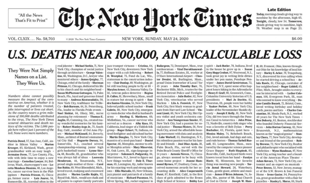 New York Times 24. máj 2020 a 100 000 obetí koronavírusu