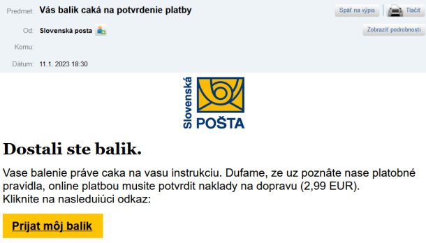 Falošná slovenská pošta, emaily poplatky